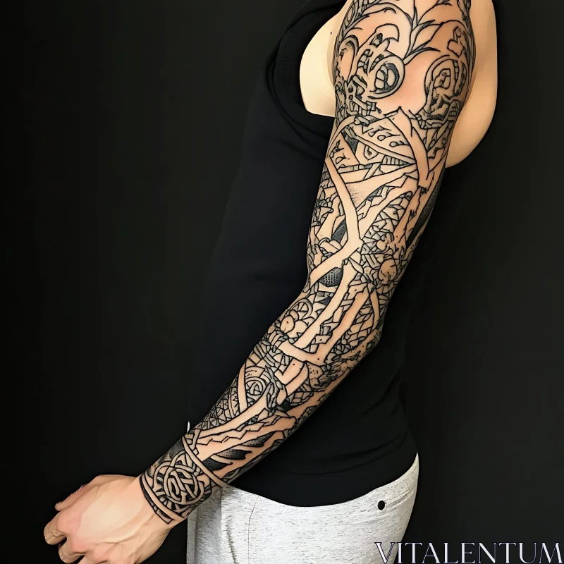 Detailed Black and Grey Arm Tattoo AI Image