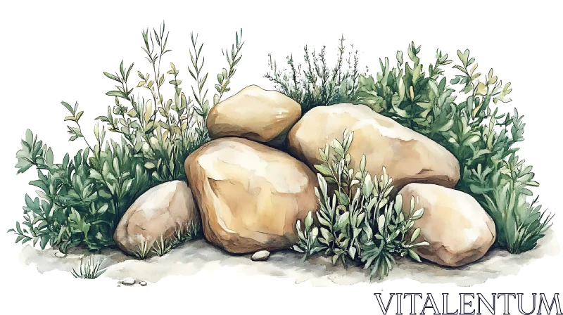 Watercolor Stones with Green Plants AI Image