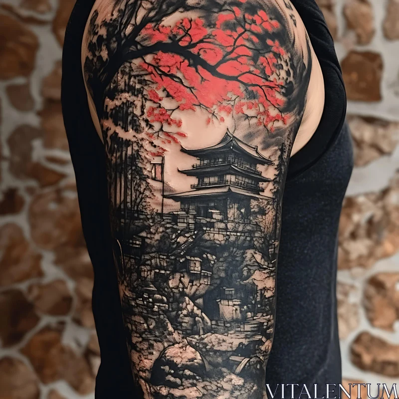 Arm Tattoo Featuring Japanese Temple and Cherry Blossoms AI Image