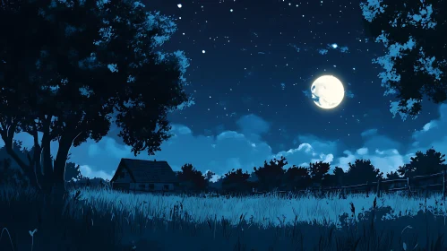 Rural Night Scene with Full Moon