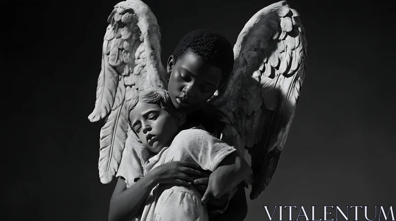 AI ART Monochrome Angel Embracing Child