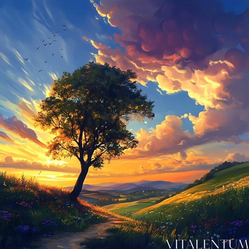 Sunset Over Rolling Hills with Tree AI Image