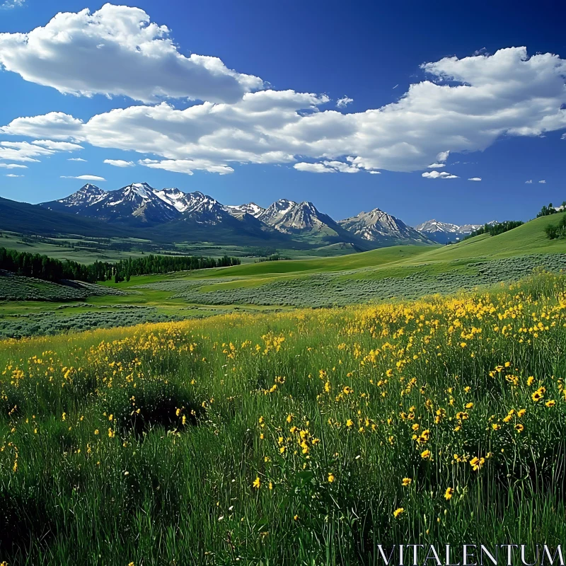 AI ART Yellow Flowers Field with Mountain View