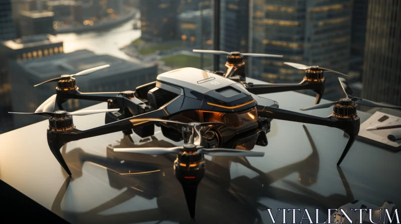 Aerial Drone Amidst Futuristic Cityscape: A Study in Elegance AI Image