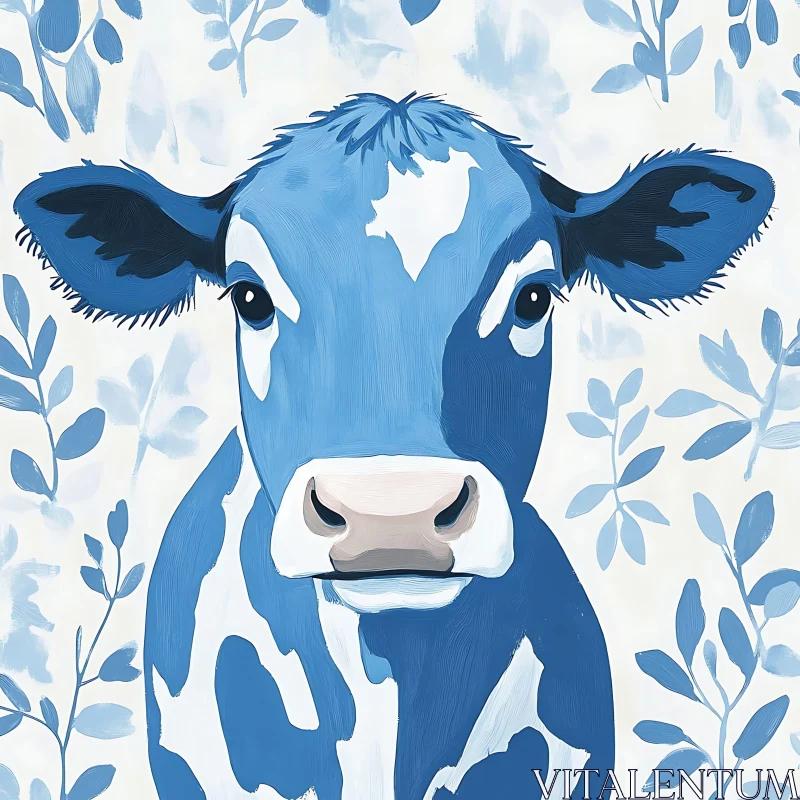 AI ART Whimsical Blue Cow in Floral Setting