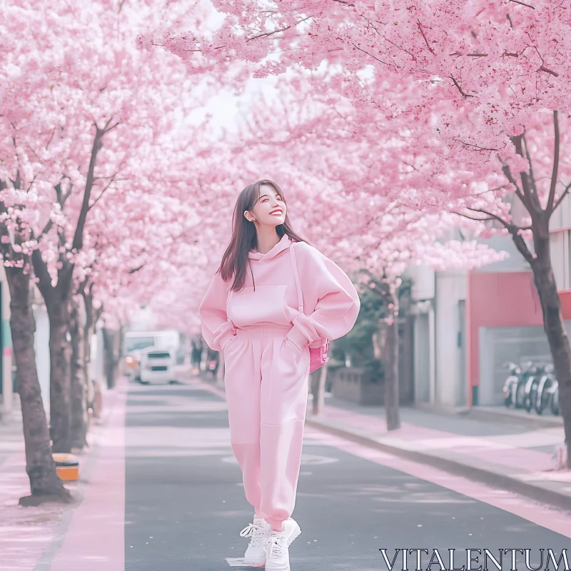 Woman in Pink Under Cherry Blossoms AI Image