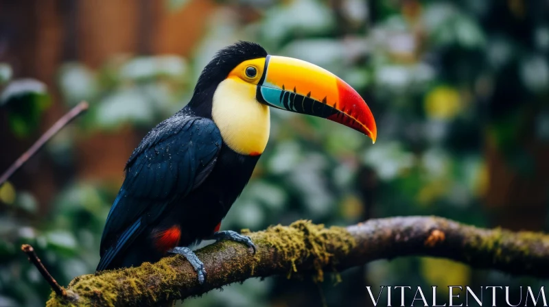 Blue Toucan on Mossy Branch: A Bold Colorism and Verdadism Inspired Art AI Image