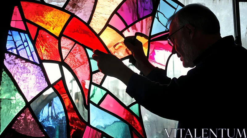 Craftsman Working on Colorful Stained Glass Artwork AI Image