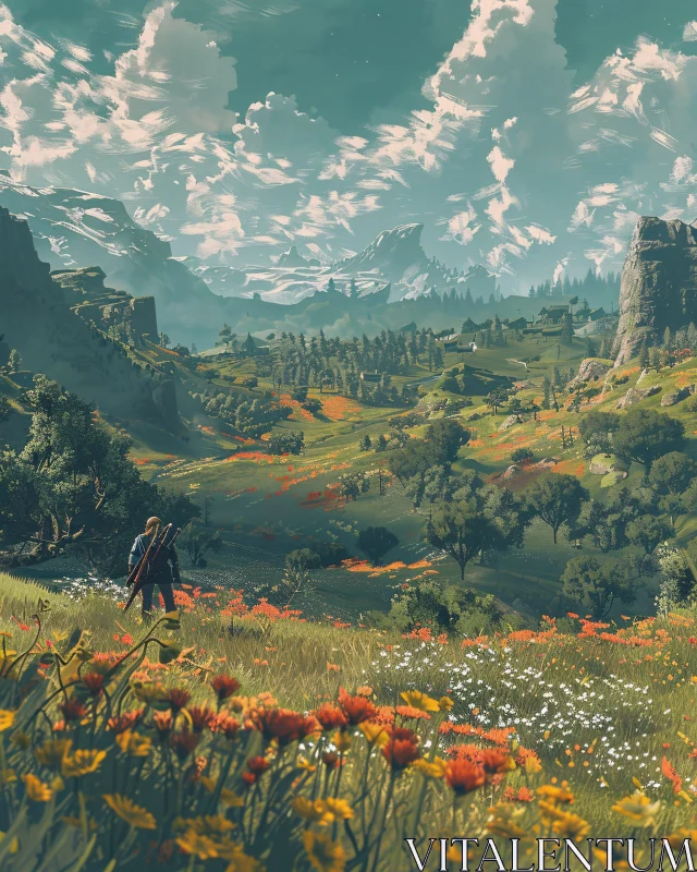 Peaceful Valley Walk Through Flowers AI Image