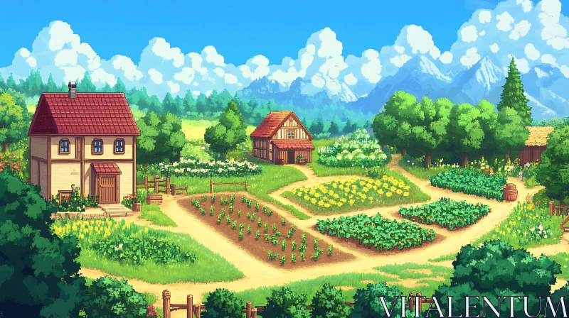 Charming Pixel Farm with Mountain View AI Image