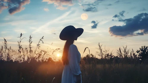 Woman Silhouette Sunset Field