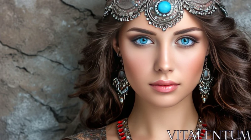 Captivating Portrait of a Confident Young Woman with Silver Headpiece AI Image