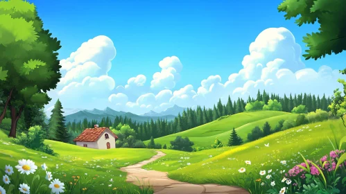 Cartoon Meadow House Scene