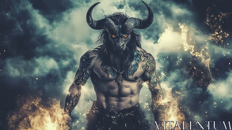 AI ART Powerful Minotaur with Horns and Tattoos