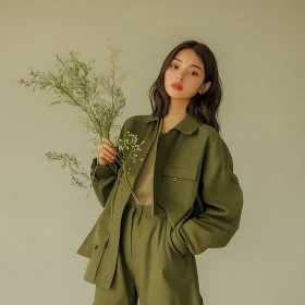 Stylish Woman with Flowers Portrait