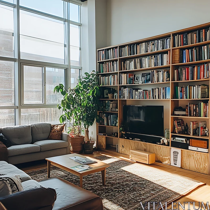 Cozy Interior with Books and Plant AI Image