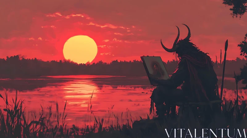 Red Sunset Demon Painter AI Image