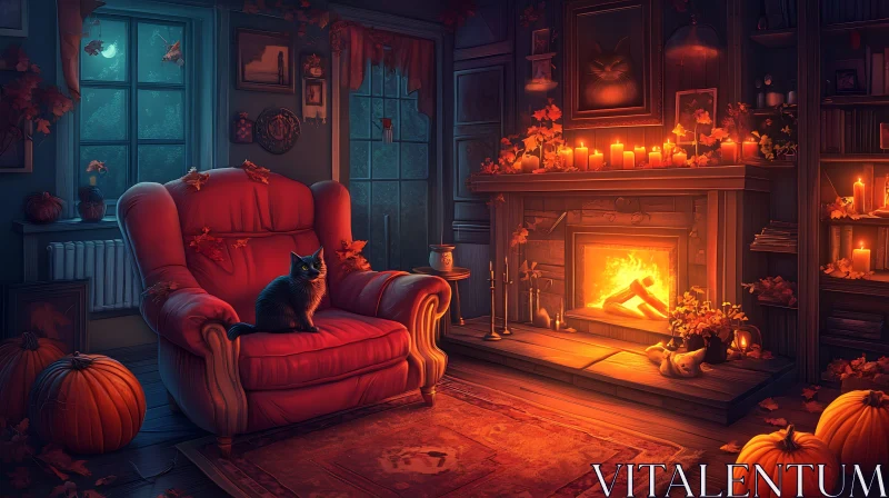 Warm Interior with Cat and Pumpkins AI Image