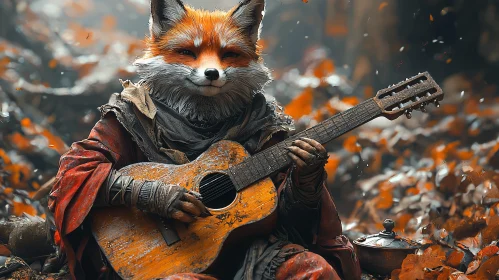 Fox Playing Guitar in Autumn Forest