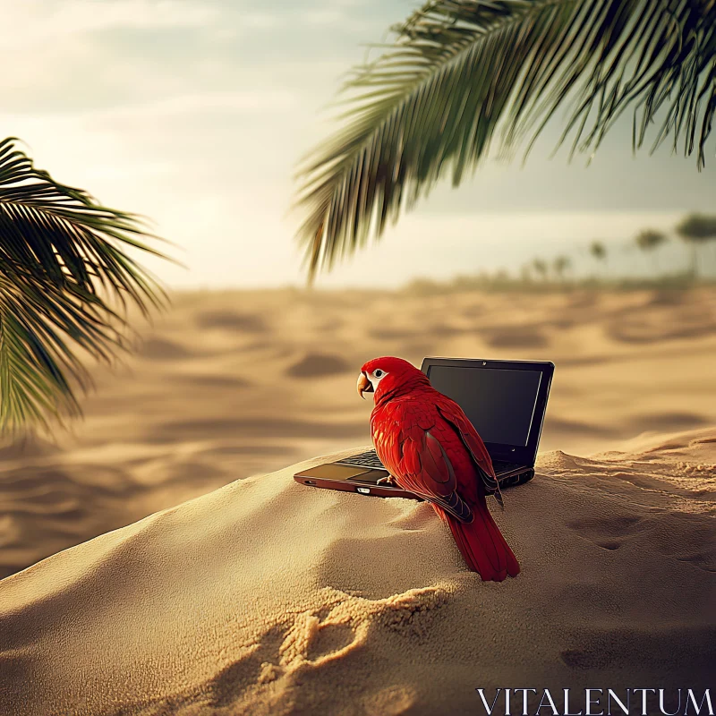 AI ART Scarlet Parrot on Laptop at Beach