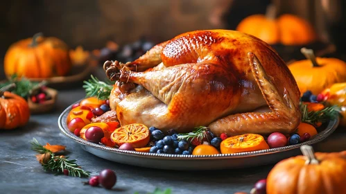 Roasted Turkey with Pumpkins and Fruits
