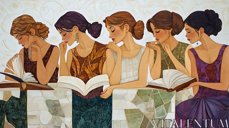 Five Women Reading Books Together Artwork AI Image