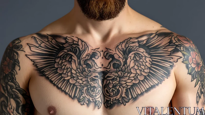 Black Ink Angel Wings Tattoo on Chest AI Image