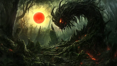 Mystical Forest Monster with Crimson Moon