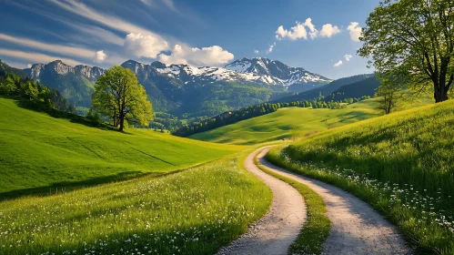 Lush Green Hills and Snow-Capped Mountains