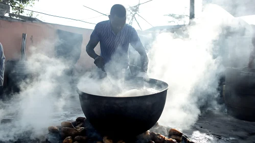 Street Cooking in Large Pot with Steam