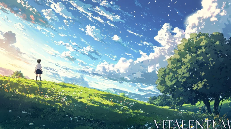 AI ART Girl in Meadow with White Clouds