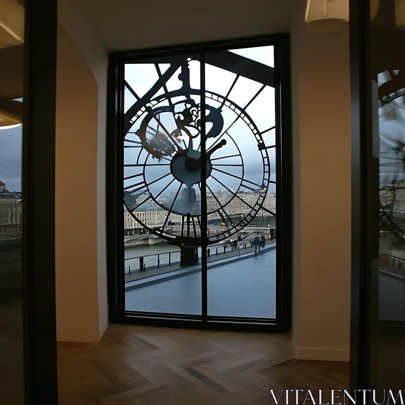 Urban View Through Clock Window AI Image