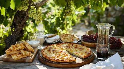 Charming Outdoor Spread: Pizza, Pastries, and Wine