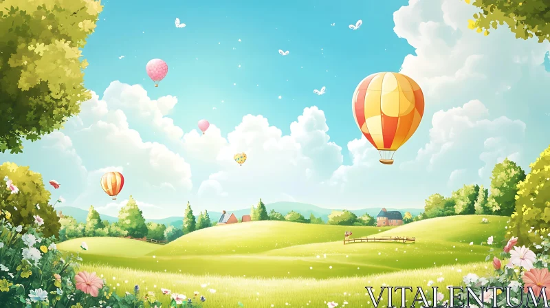 AI ART Pastoral Landscape with Balloons and Butterflies