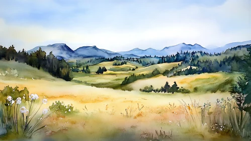 Scenic Watercolor Meadow and Mountain View