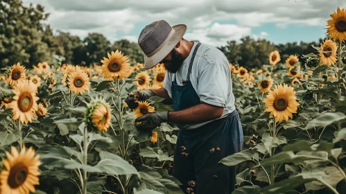 Man tending sunflowers in sunlit field