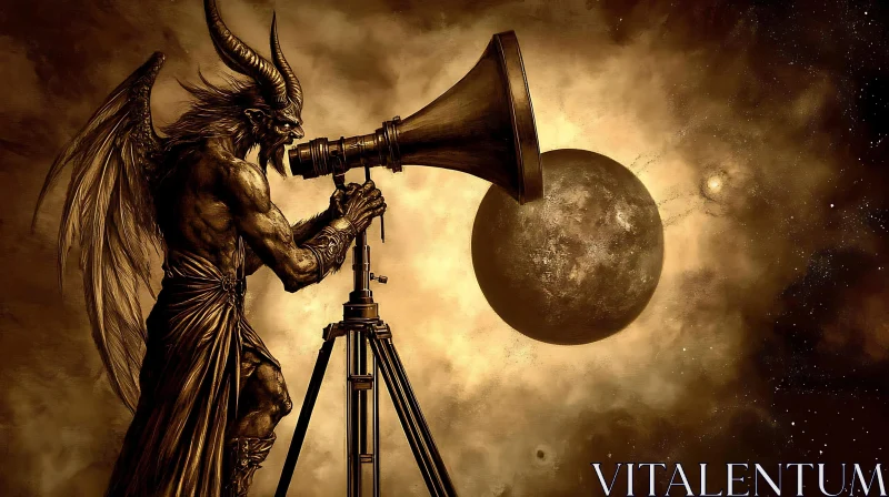 AI ART Sepia-toned Demon with Telescope