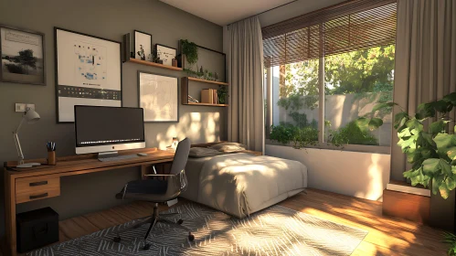 Sunlit Bedroom Interior with Desk