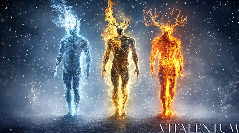 Figures of Ice, Nature, and Fire AI Image