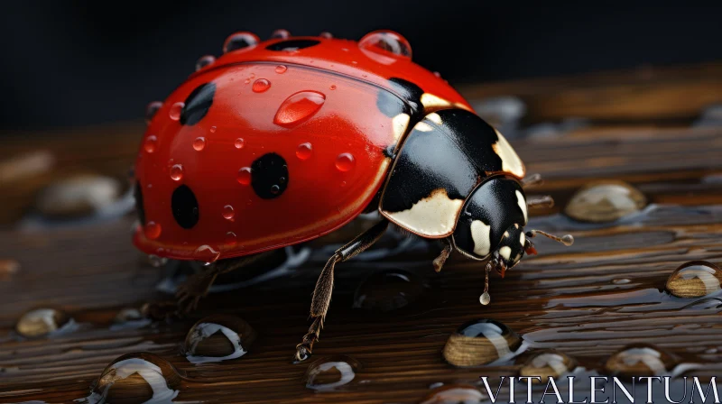 Illustrative Ladybug on Damp Wooden Surface with Color Splash AI Image
