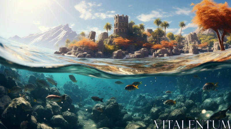 Underwater Landscape: A Fusion of Aquatic Life and Architecture AI Image