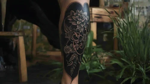 Black Ink Floral Leg Tattoo Art