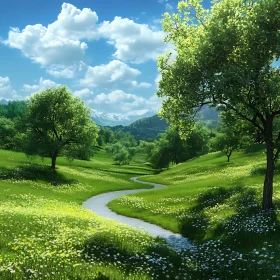 Lush Meadow with Winding Pathway