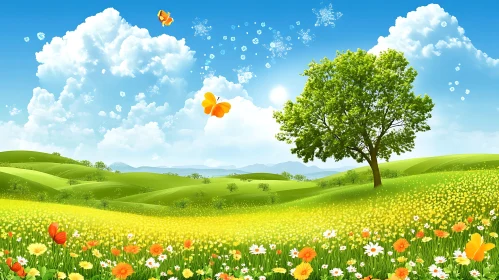 Lush Green Field with Butterflies