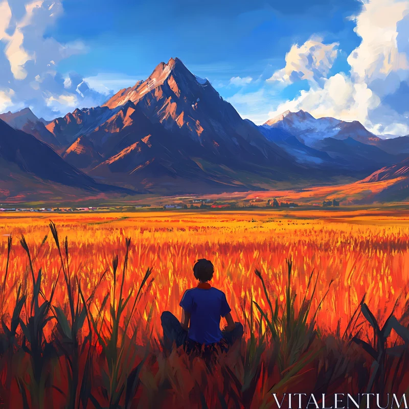 Person Meditating in Field with Mountain View