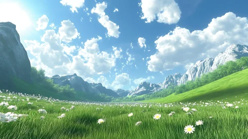 Scenic View of Green Meadow and Mountains