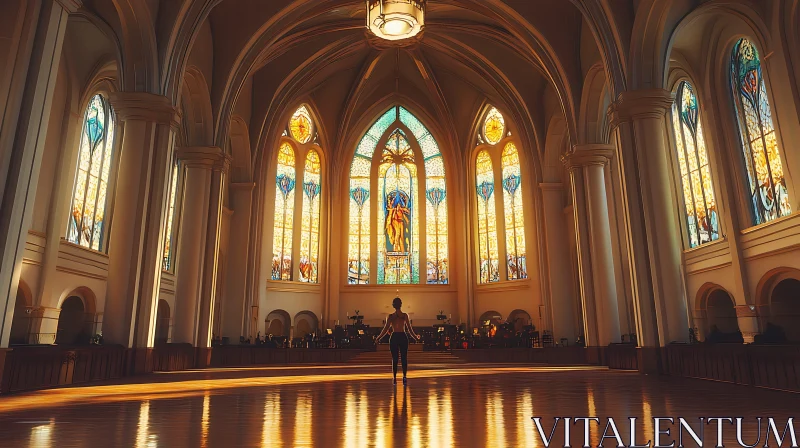 Woman in Cathedral with Stained Glass Windows