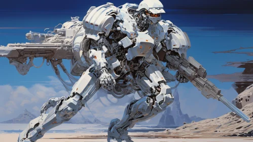 High-Tech Combat Robot in Barren Landscape