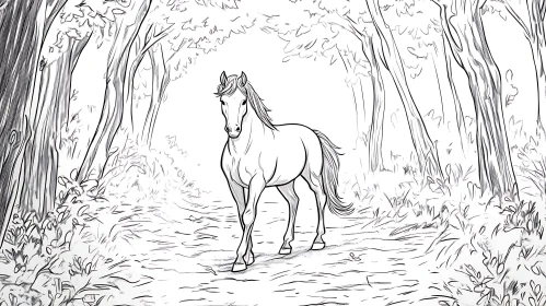 Monochrome Horse in Wooded Scene