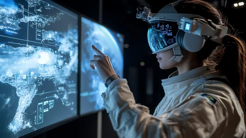 Woman in VR Headset Analyzing Digital Earth